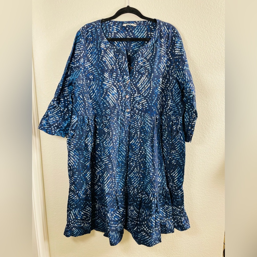 MarketPlace Handwork of India Blue Cotton Kantha Embroidered Tiered Dress | 1X